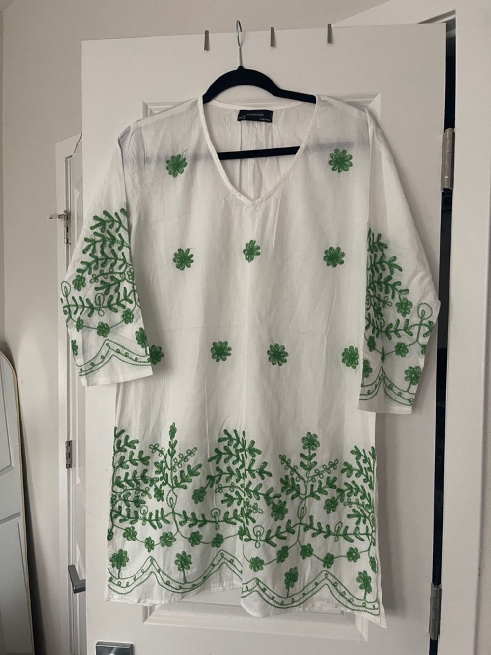 White Tunic with Green Floral Embroidery - Lightweight V-Neck